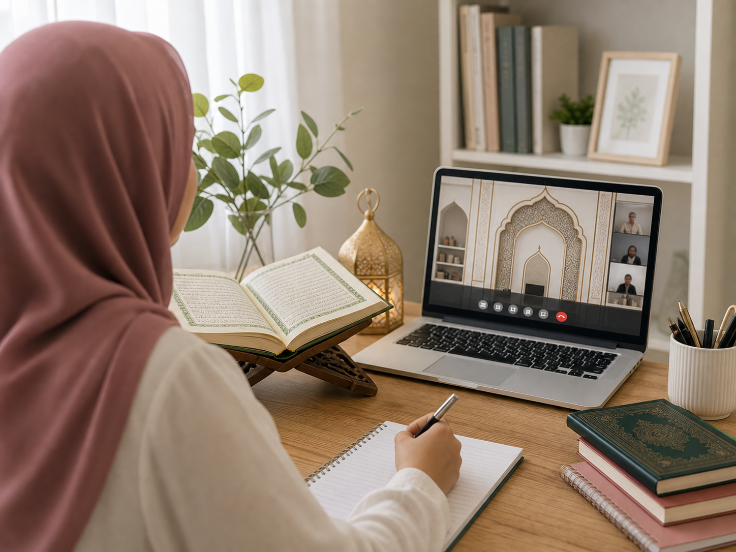 Adult student taking notes during an online Quran lesson