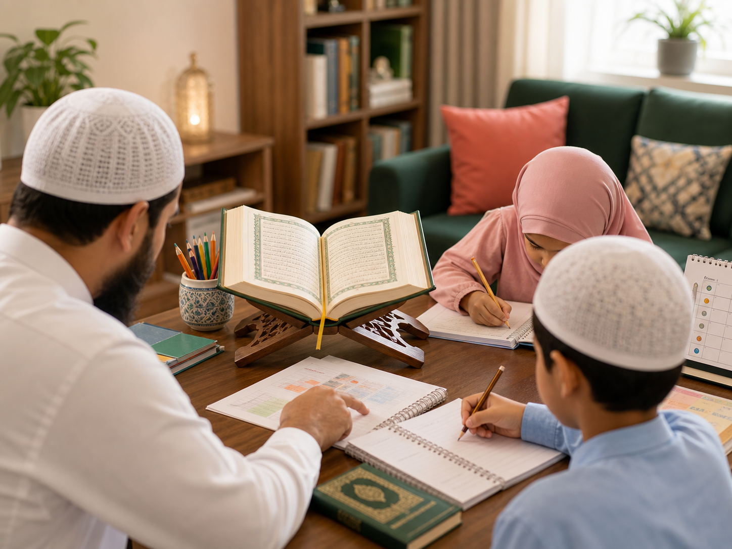 Family studying Quran together with notebooks at a study table