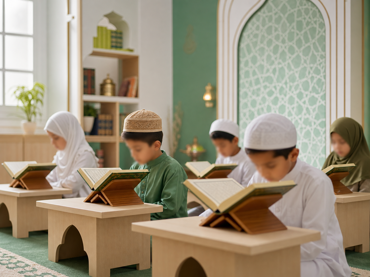 Children studying Quran in a bright classroom