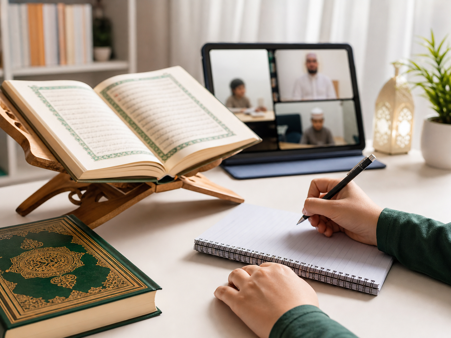Online Quran lesson with Quran, notebook, and tablet