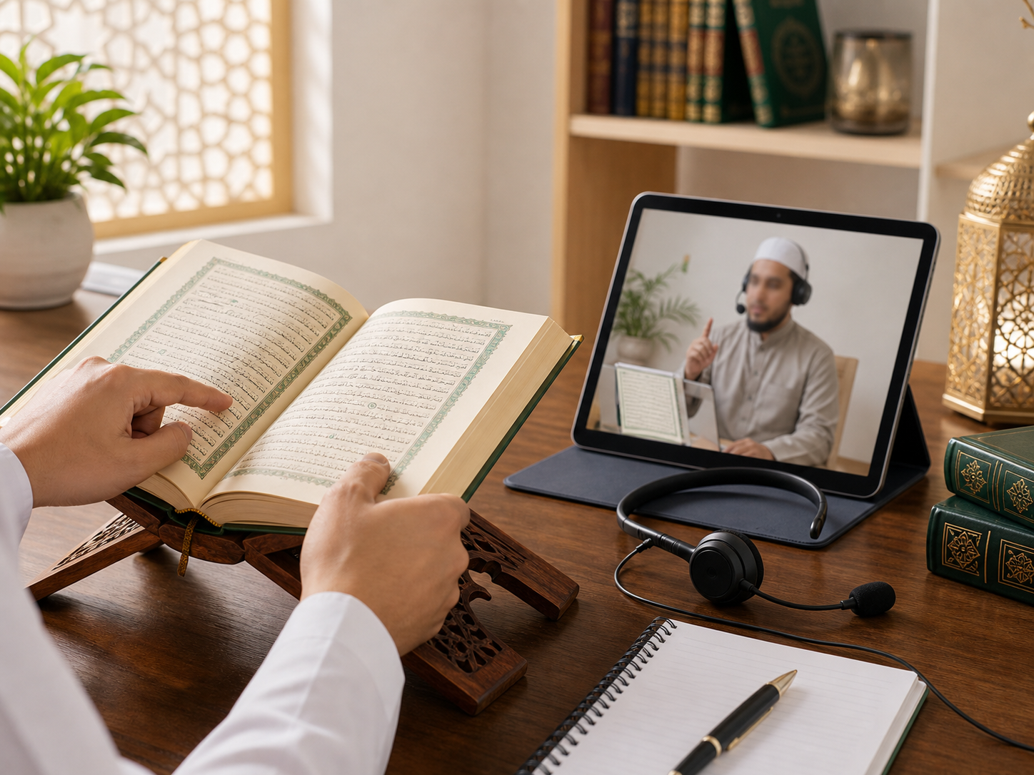Student following Quran recitation during online Tajweed coaching